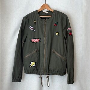 Freebird Small Olive Green Zip Jacket Pop Art Patches Eclectic Quirky VGUC